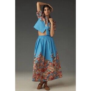 Anthropologie Maeve SET Pull-on Circle Skirt & Button Down Top Blue Floral Sz XL